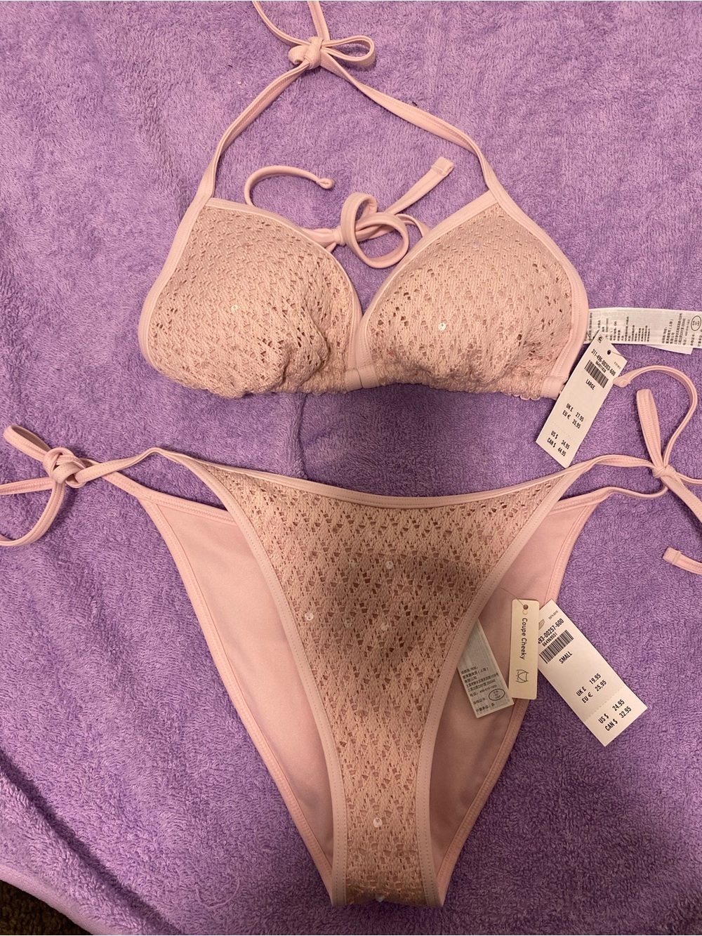 Bikini SmallHollister Women’s Pink Crochet Lace Tie Bikini top and L String